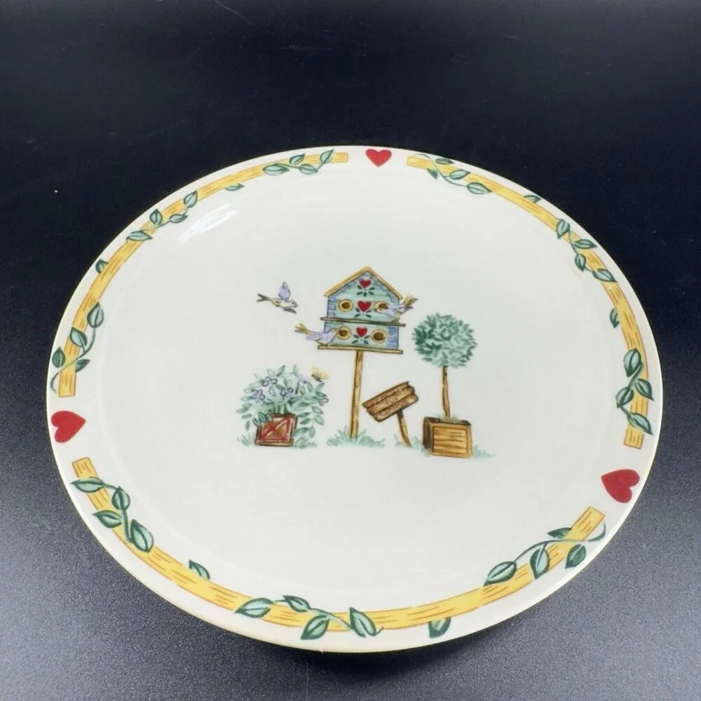 Thomson Pottery Birdhouse Plate Dish Birds Red Hearts Bluejay Set 4 Ceramic‎ 6in